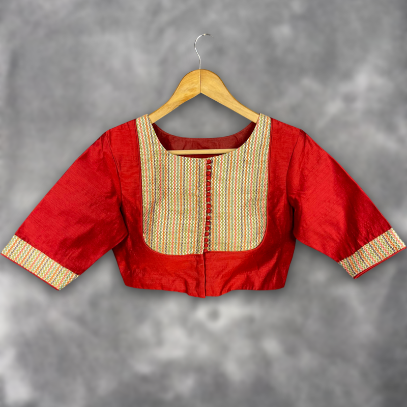 Tradition Reloded Red/Gold Coloured Chanderi Silk / Brocket Ready to Wear Blouse - kapda Tailor - Distacart