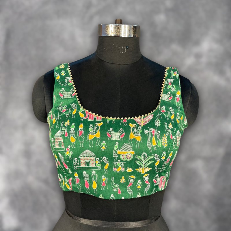 Dreamy Warli Green Coloured Art Row Silk Ready to Wear Blouse - kapda Tailor - Distacart