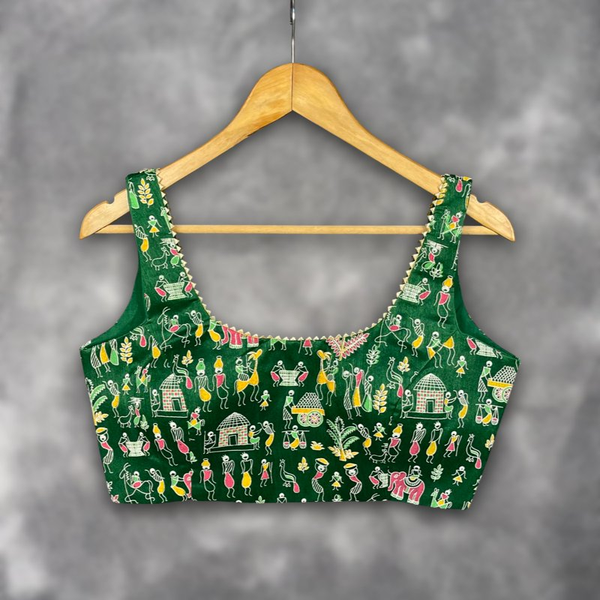Dreamy Warli Green Coloured Art Row Silk Ready to Wear Blouse - kapda Tailor - Distacart