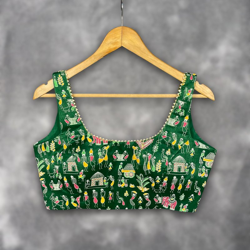 Dreamy Warli Green Coloured Art Row Silk Ready to Wear Blouse - kapda Tailor - Distacart