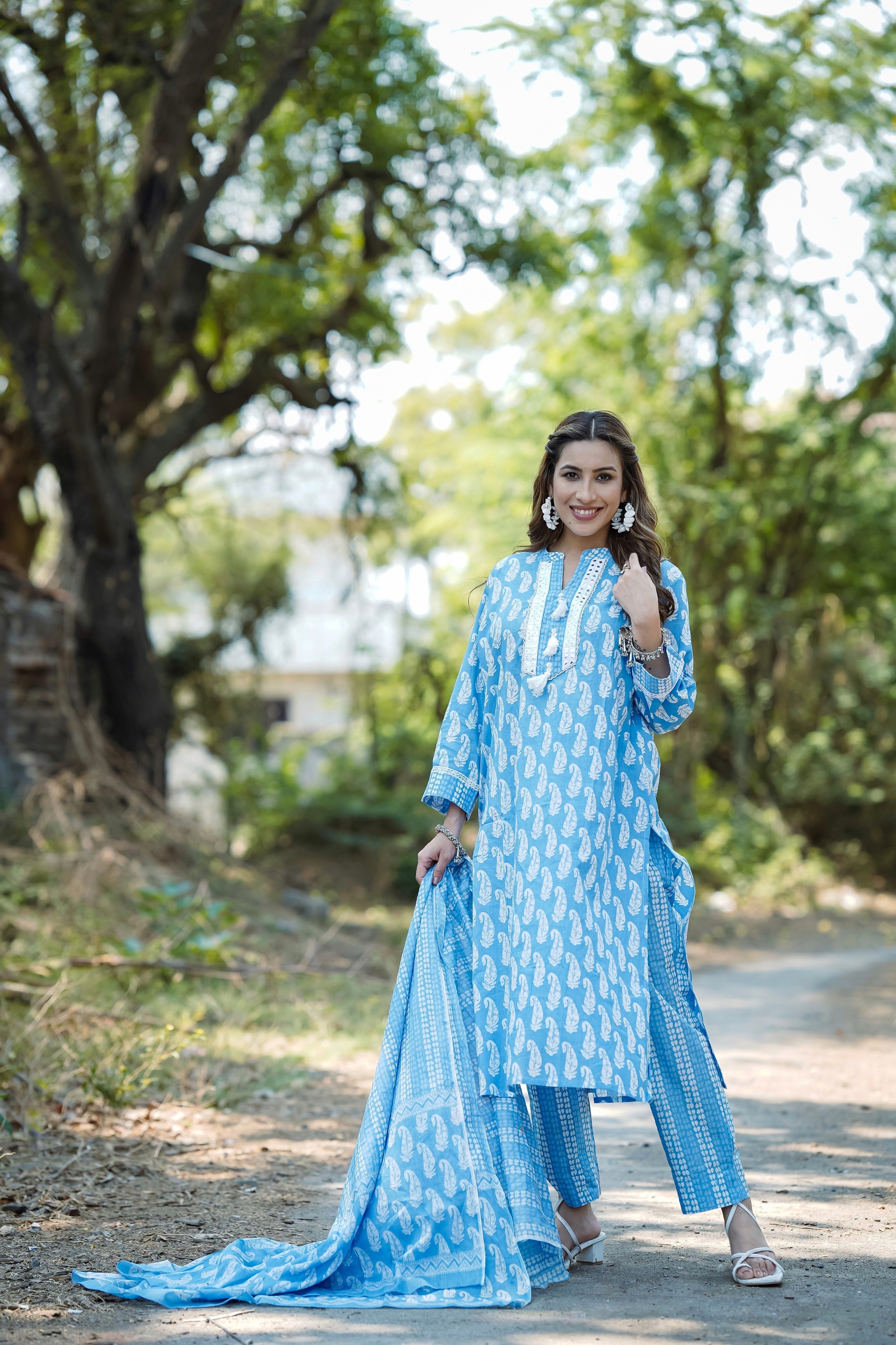 Women's Blue Cotton Straight Kurta Pant With Dupatta - Rasiya - Distacart