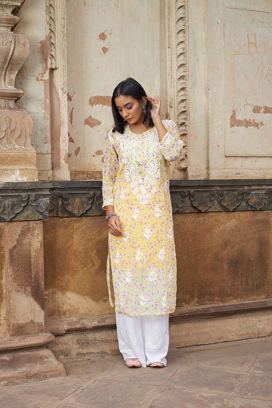 Rangreza Ethnic Eliza Georgette Chikankari Kurta With Inner (Set Of 2) Yellow - Distacart