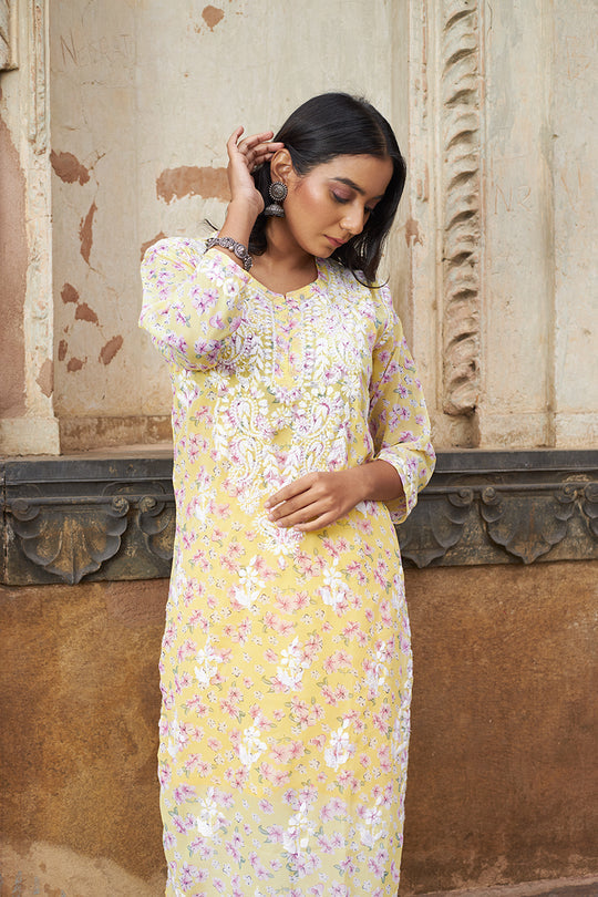 Rangreza Ethnic Eliza Georgette Chikankari Kurta With Inner (Set Of 2) Yellow - Distacart