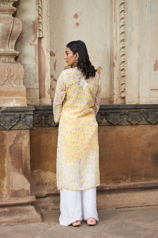 Rangreza Ethnic Eliza Georgette Chikankari Kurta With Inner (Set Of 2) Yellow - Distacart