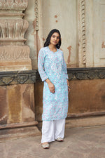 Thumbnail for Rangreza Ethnic Eliza Georgette Chikankari Kurta With Inner (Set Of 2) Blue - Distacart