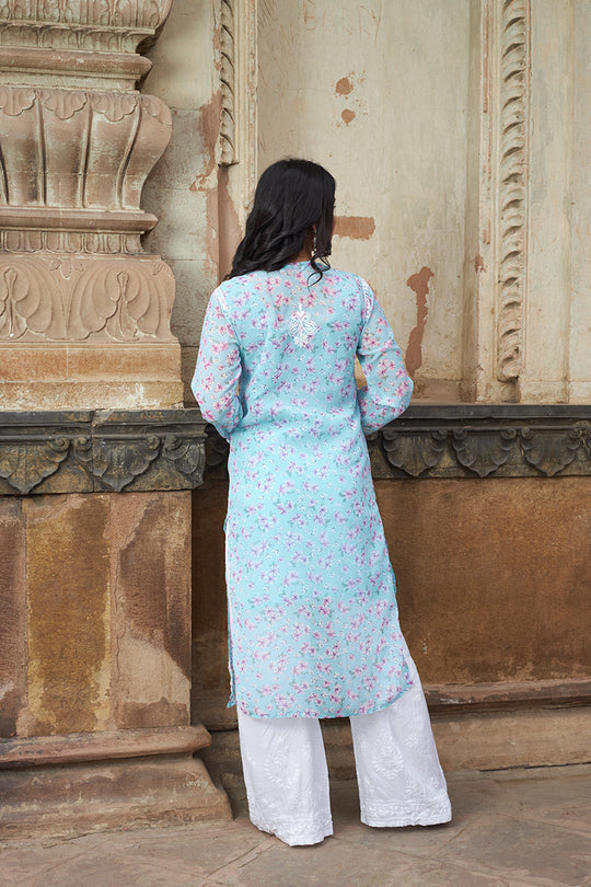 Rangreza Ethnic Eliza Georgette Chikankari Kurta With Inner (Set Of 2) Blue - Distacart