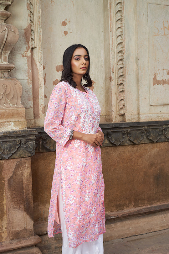 Rangreza Ethnic Eliza Georgette Chikankari Kurta With Inner (Set Of 2) Peach - Distacart