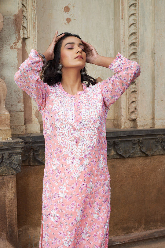 Rangreza Ethnic Eliza Georgette Chikankari Kurta With Inner (Set Of 2) Peach - Distacart
