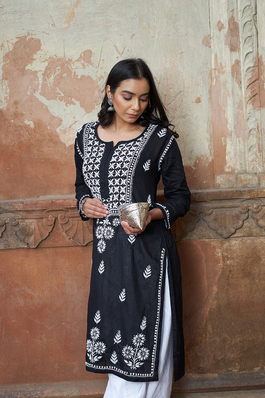 Rangreza Ethnic Alifa Cotton Kurta Black - Distacart