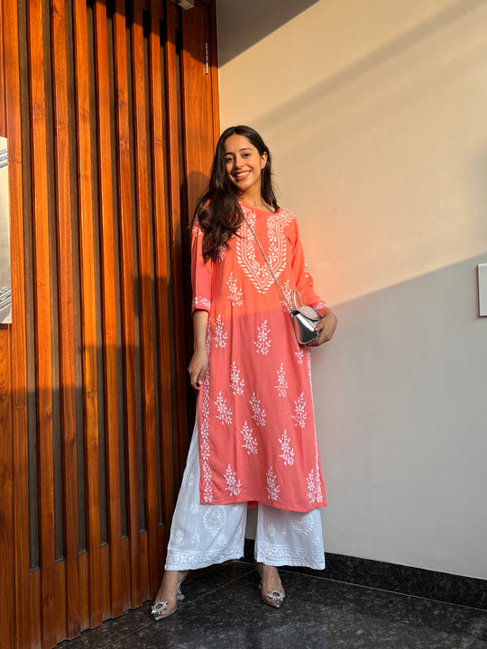 Rangreza Ethnic Liya Chikankari Rayon Kurta Peach - Distacart