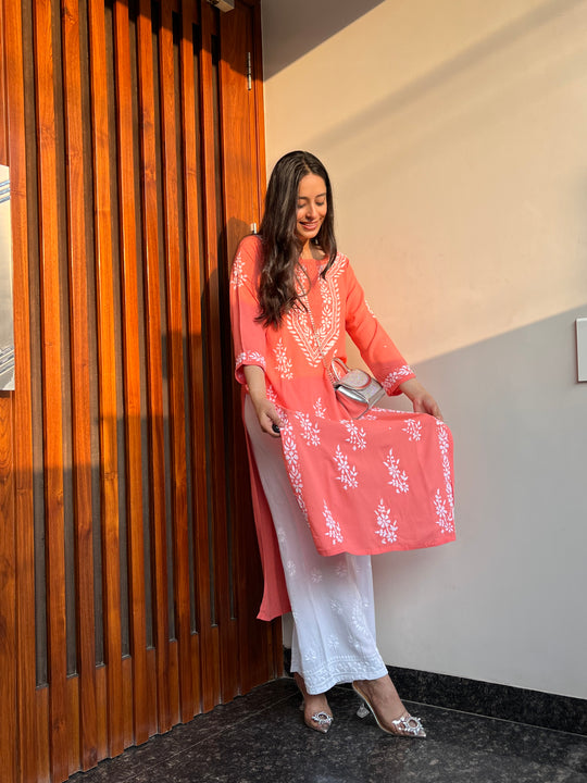 Rangreza Ethnic Liya Chikankari Rayon Kurta Peach - Distacart