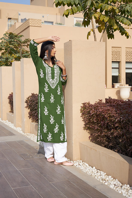 Rangreza Ethnic Liya Chikankari Rayon Kurta Green - Distacart