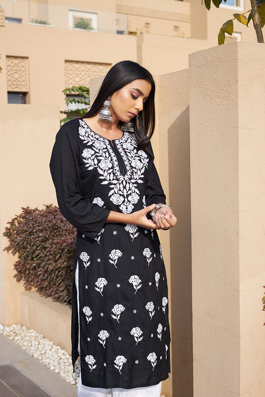 Rangreza Ethnic Chikankari Rayon Kurta Black - Distacart