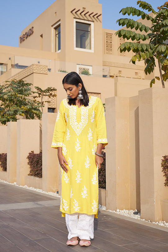 Rangreza Ethnic Liya Chikankari Rayon Kurta Yellow - Distacart