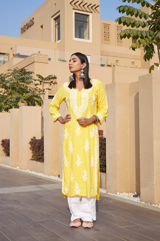Rangreza Ethnic Liya Chikankari Rayon Kurta Yellow - Distacart
