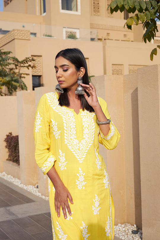 Rangreza Ethnic Liya Chikankari Rayon Kurta Yellow - Distacart