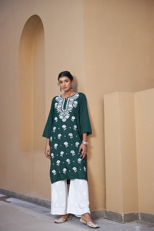 Rangreza Ethnic Chikankari Rayon Kurta Green - Distacart