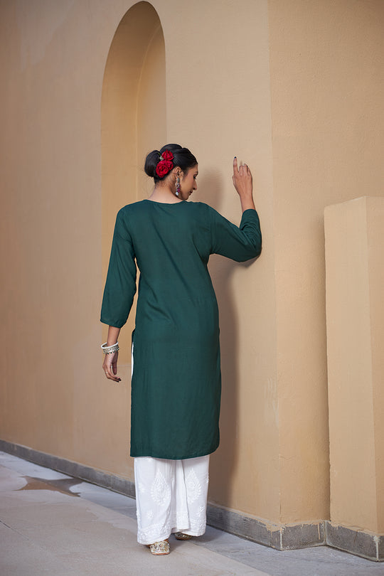 Rangreza Ethnic Chikankari Rayon Kurta Green - Distacart
