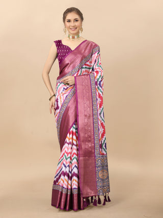 Lorenvalley Fashion Charming Zigzag Digital Print Saree With Heavy Rich Zari Border & Blouse - Mutlicolor - Distacart