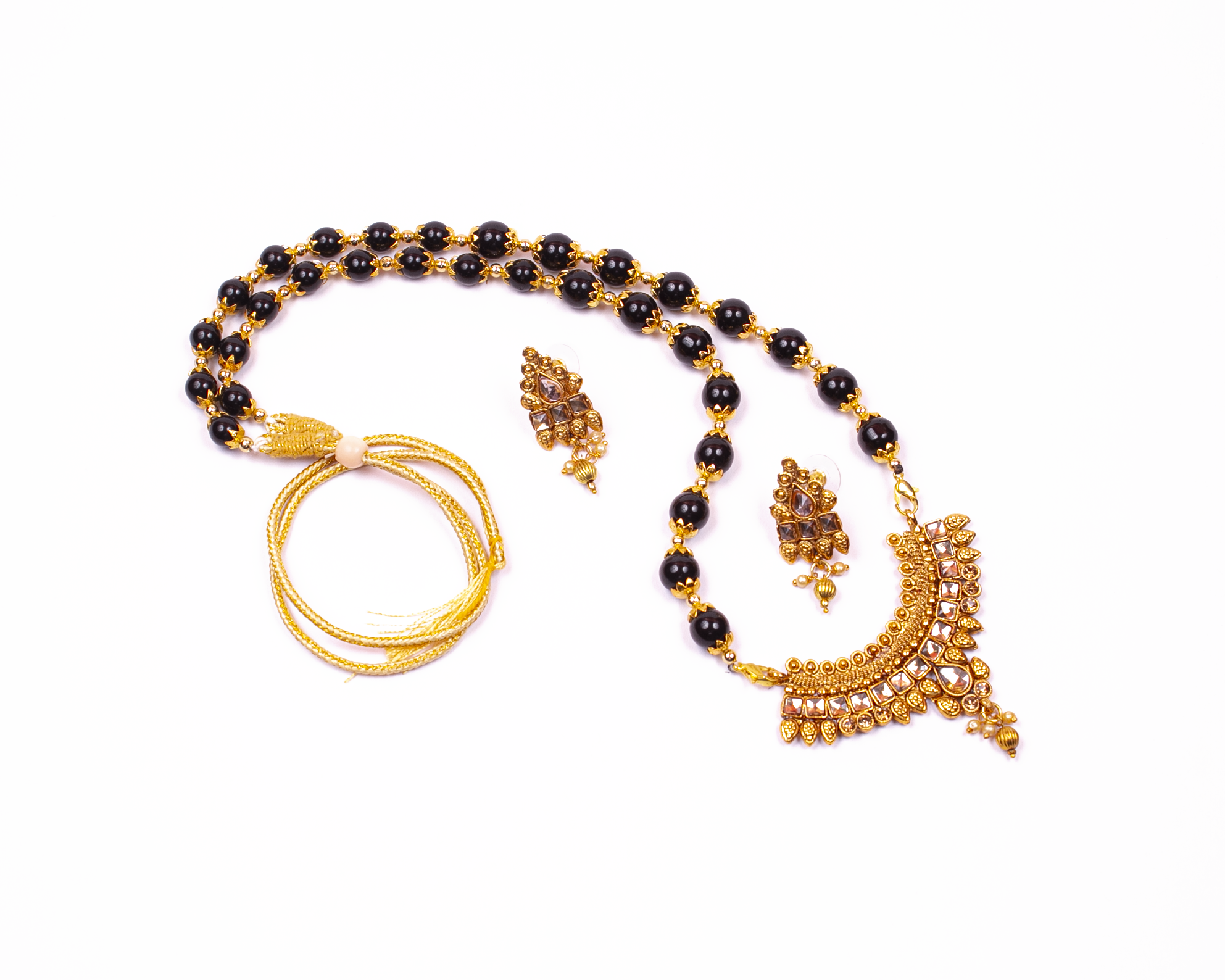 Gold-Plated Alloy Black Beaded Necklace Set - The Pari - Distacart