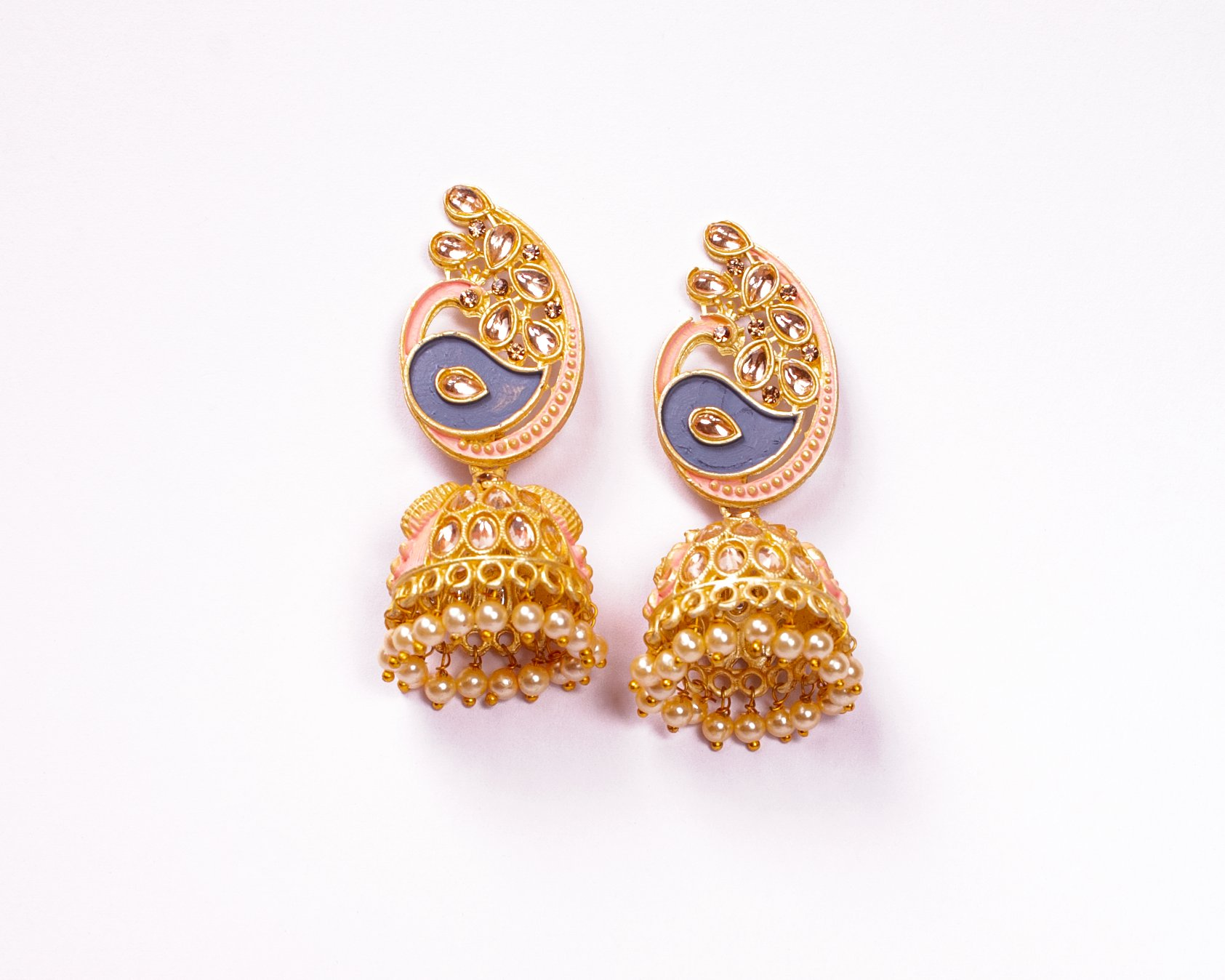Gold-Plated Alloy Enamel & Stone Studded Jhumki Earrings - The Pari - Distacart