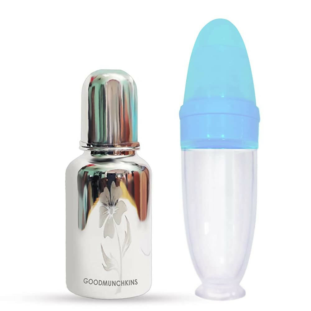 Goodmunchkins Stainless Steel Feeding Bottle 304 Grade Jointless & Spoon Food Feeder for Baby Nipple Feeder 220 ml Combo Pack-Blue - Distacart