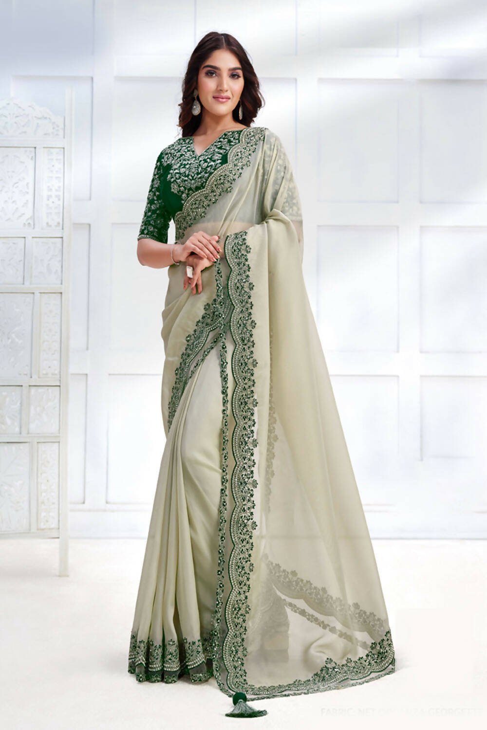 Green Net Organza Georgette Cord & Sequence Embroidered Saree - Mohmanthan Majestica - Distacart