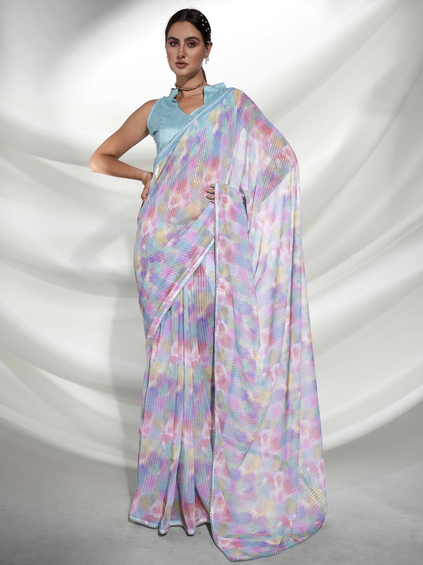 Blue Georgette Sequence Embroidery Saree With Unstitched Blouse Piece - Rajal - Distacart