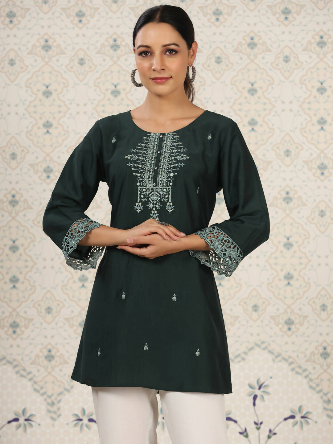 Dark Green Chinon Embroidered Straight Top - Zeny - Distacart