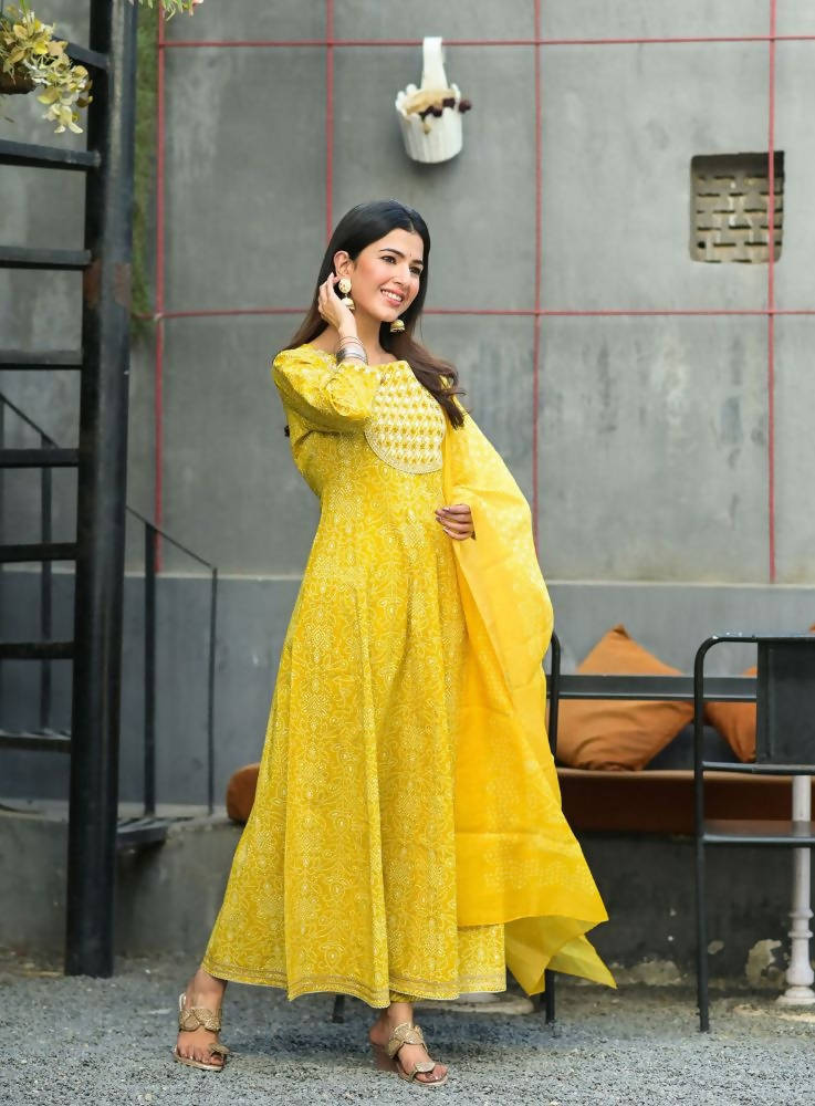 Buy Yufta Women Yellow Handblock Printed Kurti And Trouser With