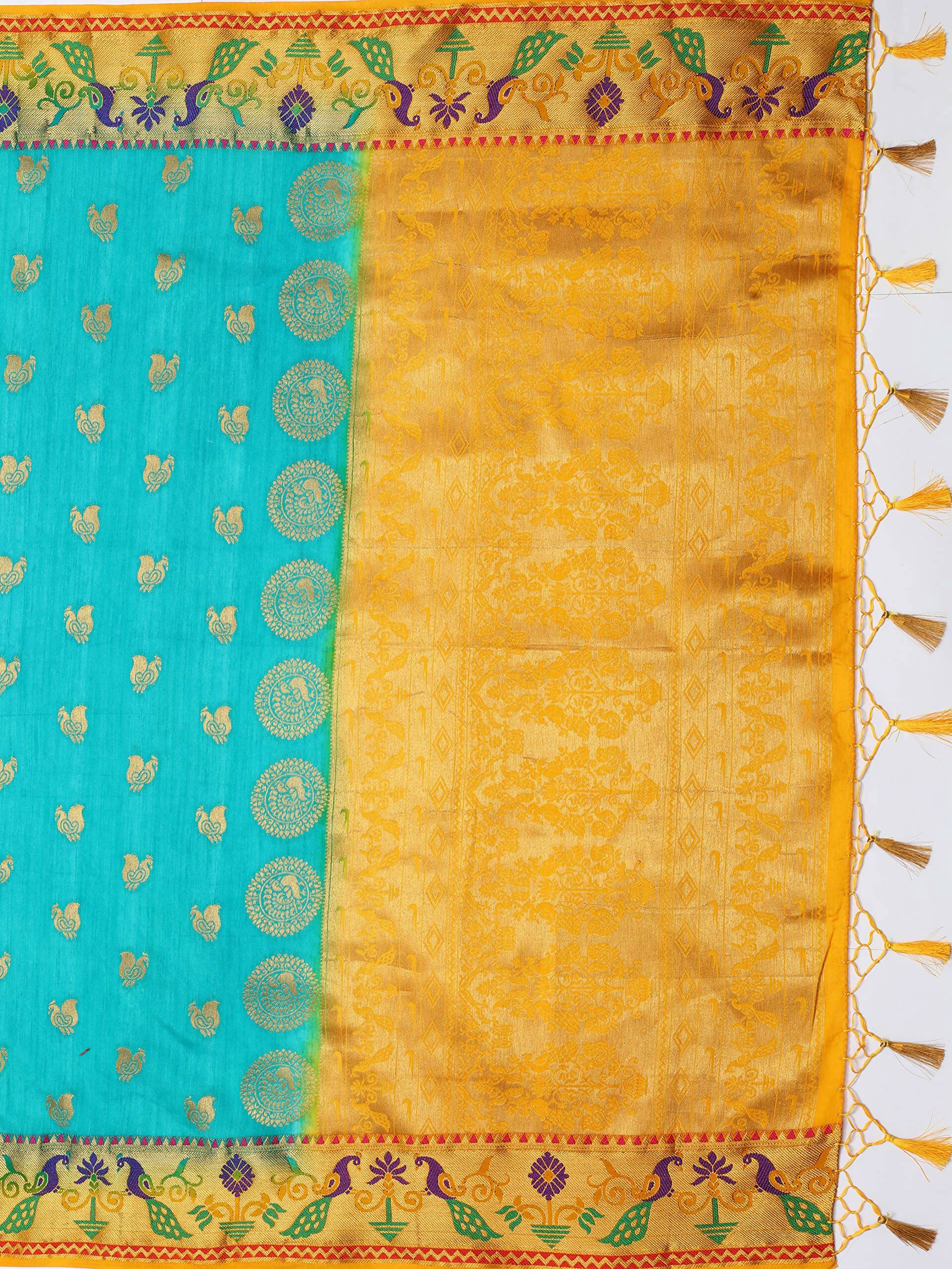 Mimosa Women's Turquoise Kanchipuram Silk Saree - Distacart