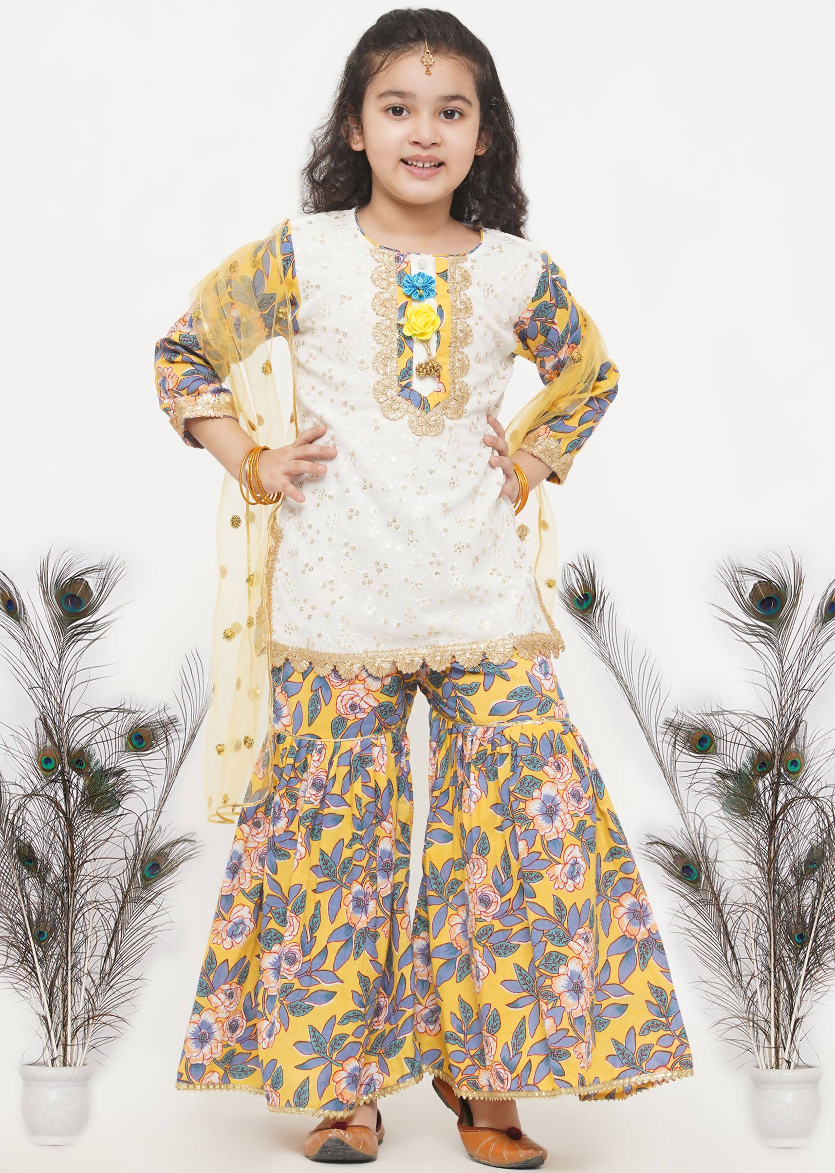 Little Bansi Cotton Embroidery Kurta with Floral Sharara & Dupatta - White & Yellow - Distacart