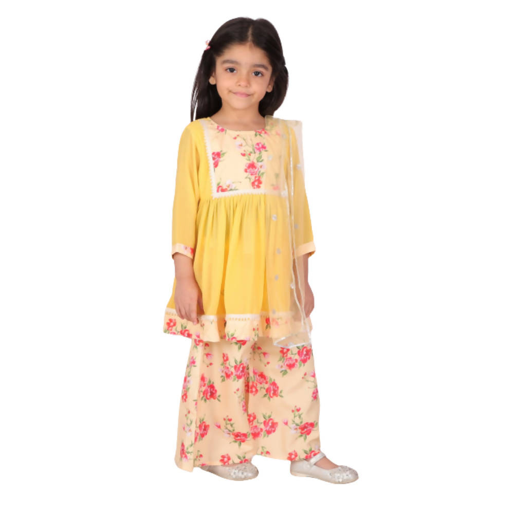 Little Bansi Rose print Kurta Frock with Floral Plazzo and Dupatta - Yellow