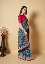 Thumbnail for Vastrasky Teal Organza Saree - Distacart