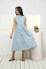 Thumbnail for Myshka Women Blue Ethnic Motifs Cotton A-Line Mandarin Collar Dress - Distacart