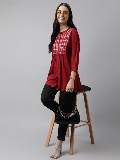 Red Rayon Yoke Embroidered A-line Top - Tarini - Distacart