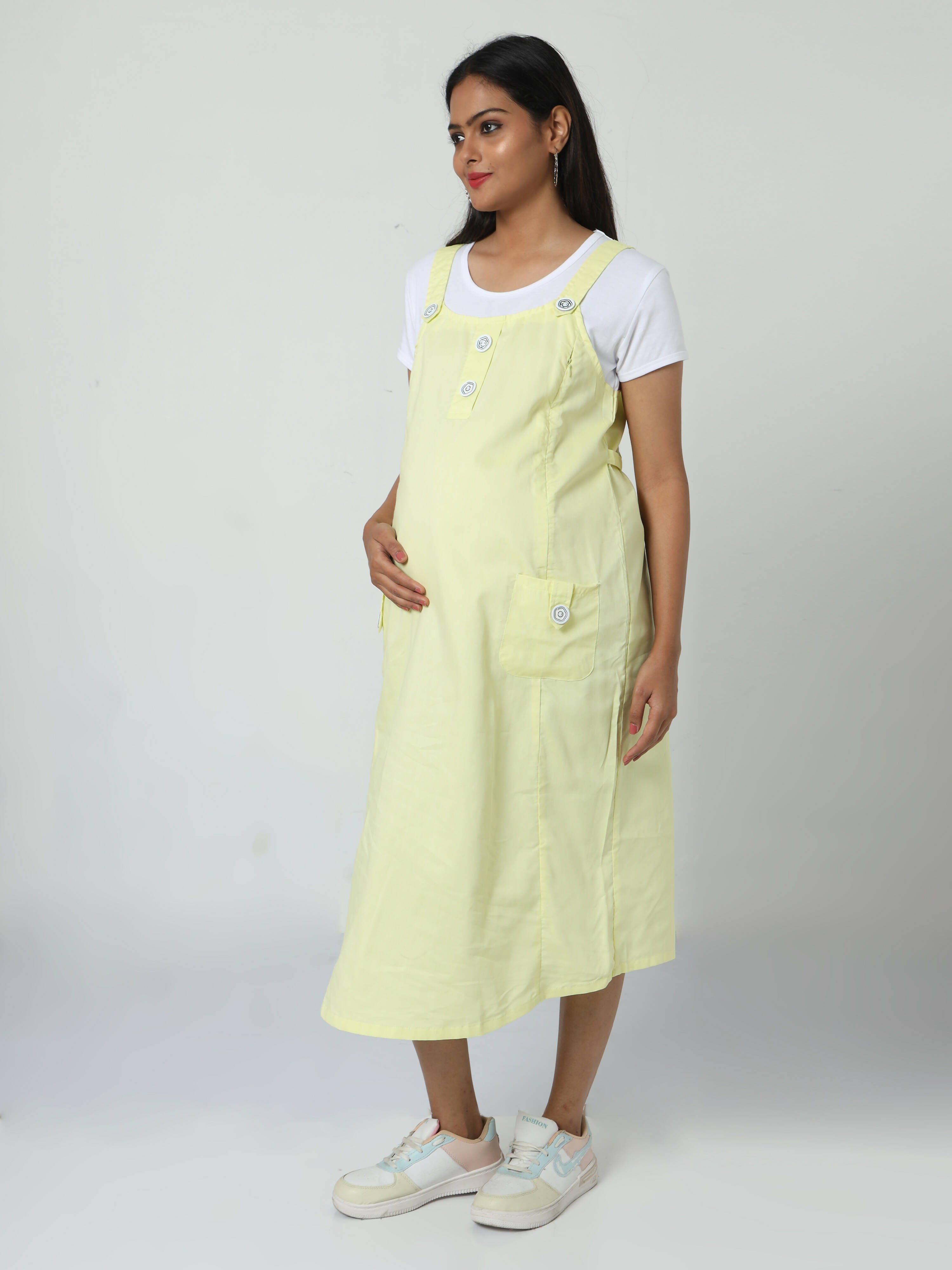Manet Half Sleeves Solid Maternity Dress With Concealed Zipper Nursing Access - Yellow - Distacart