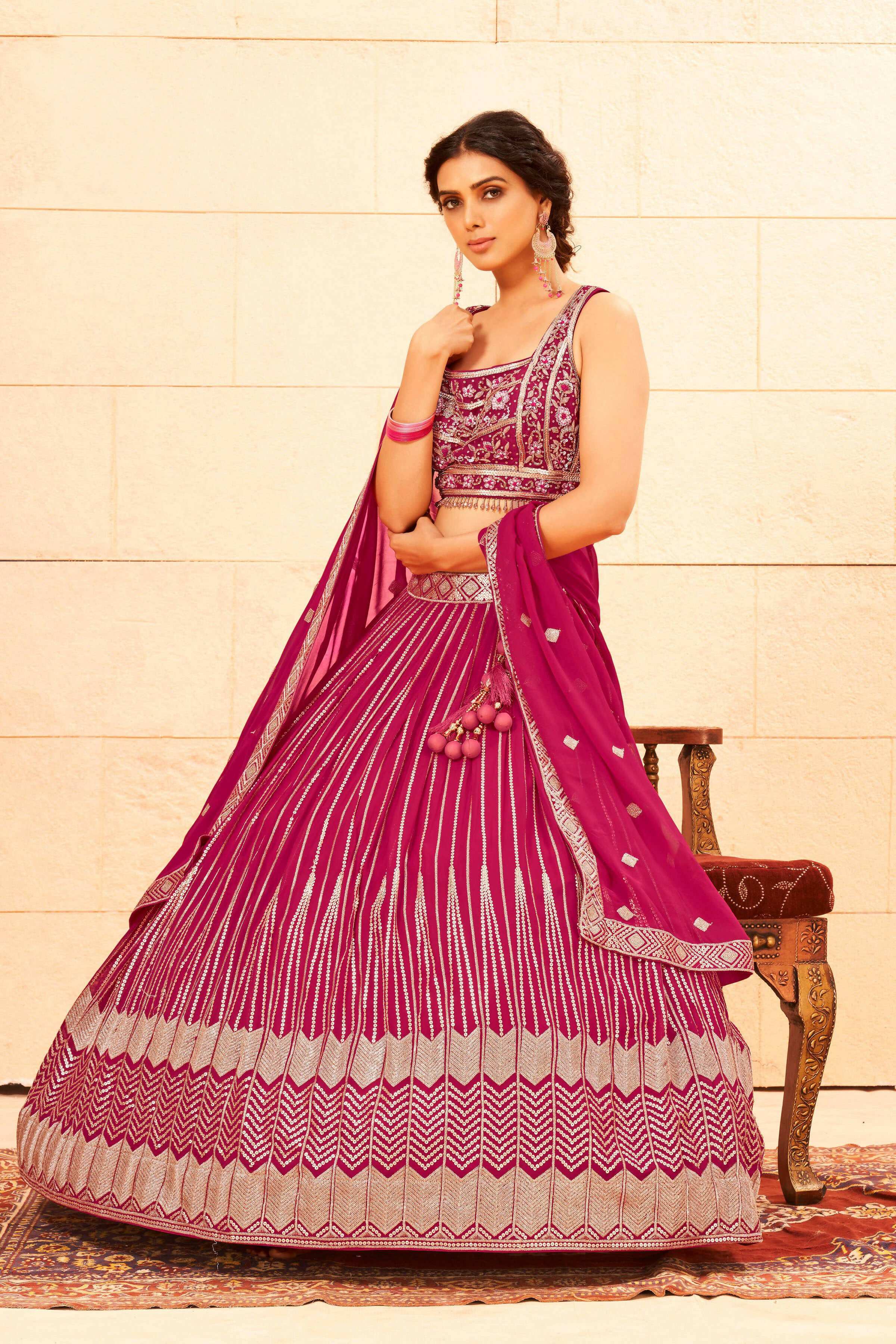 Pink Faux Georgette Embroidery sequence work Lehenga Choli with Dupatta - Dhvani - Distacart