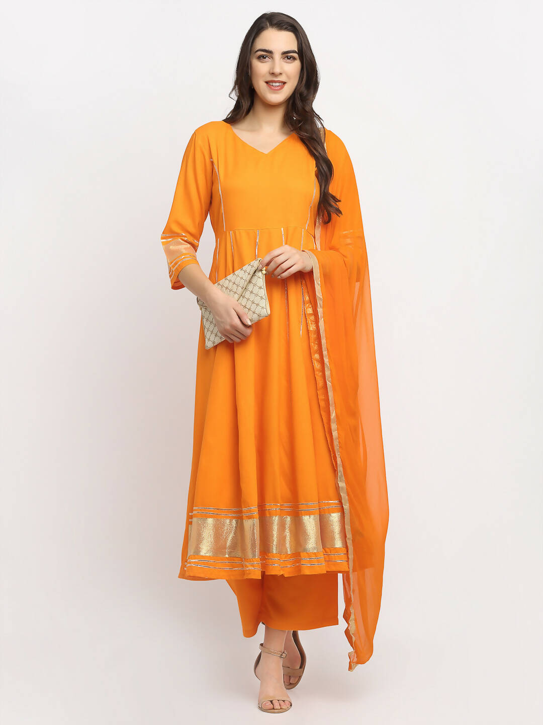 Rudra Bazaar Orange Anarkali Lace Work Kurta with Pyjamas & Dupatta - Distacart