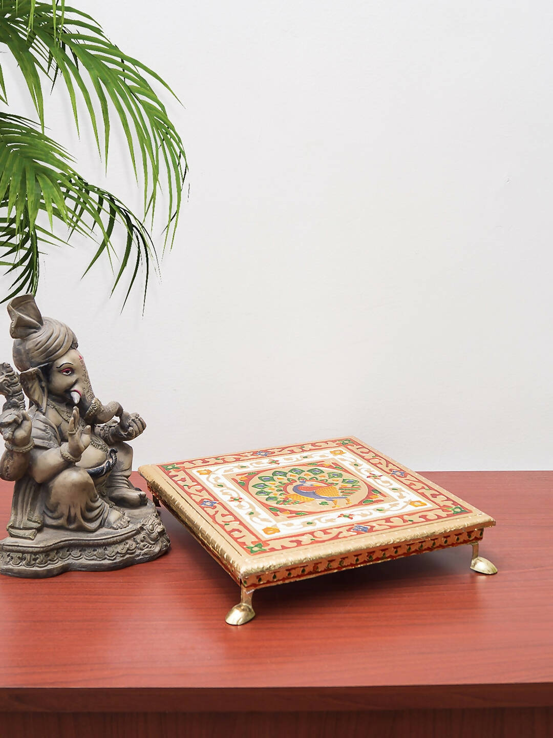 Golden Peacock Gold-Toned & Red Handcrafted Minakari Peacock Design Wooden Chowki - Distacart