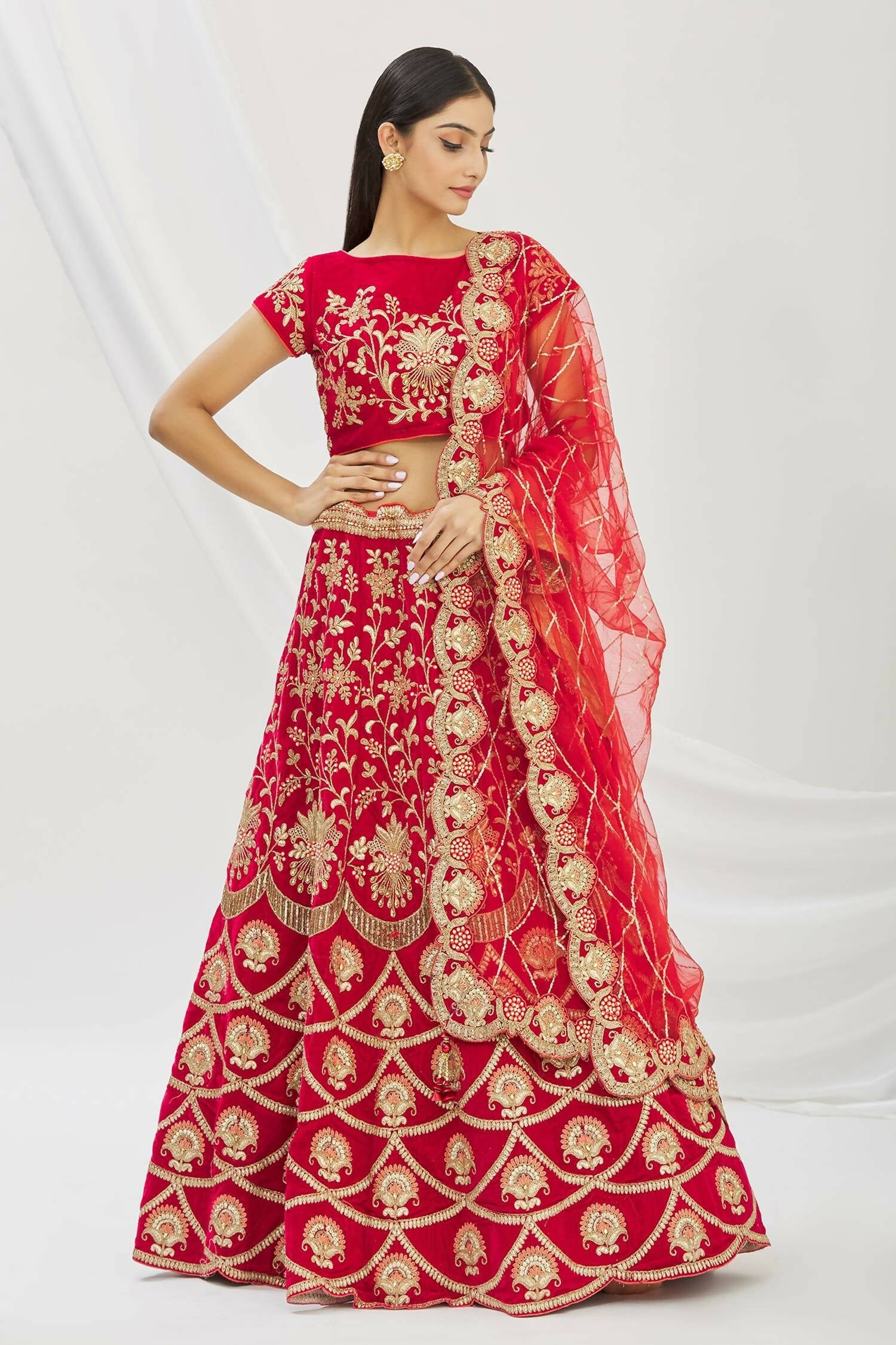 Red Velvet Semi-Stitched Wedding Bridal Lehenga - Nimaya - Distacart