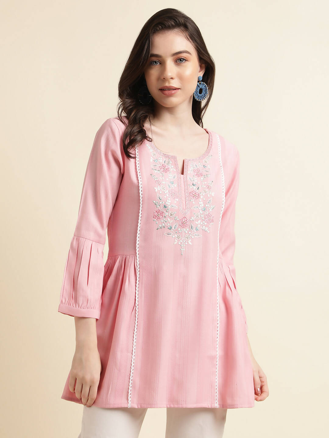 Pink Viscose Rayon Yoke Embroidered A-line Top - Tarini - Distacart