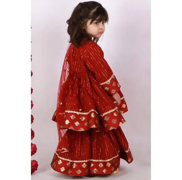 Little Bansi Maroon Color Brocade patch work Kurta Frock with Sharara and Dupatta