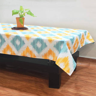 Stitchnest Ikat Yellow Teal Printed Poly Cotton Table Cover - Distacart