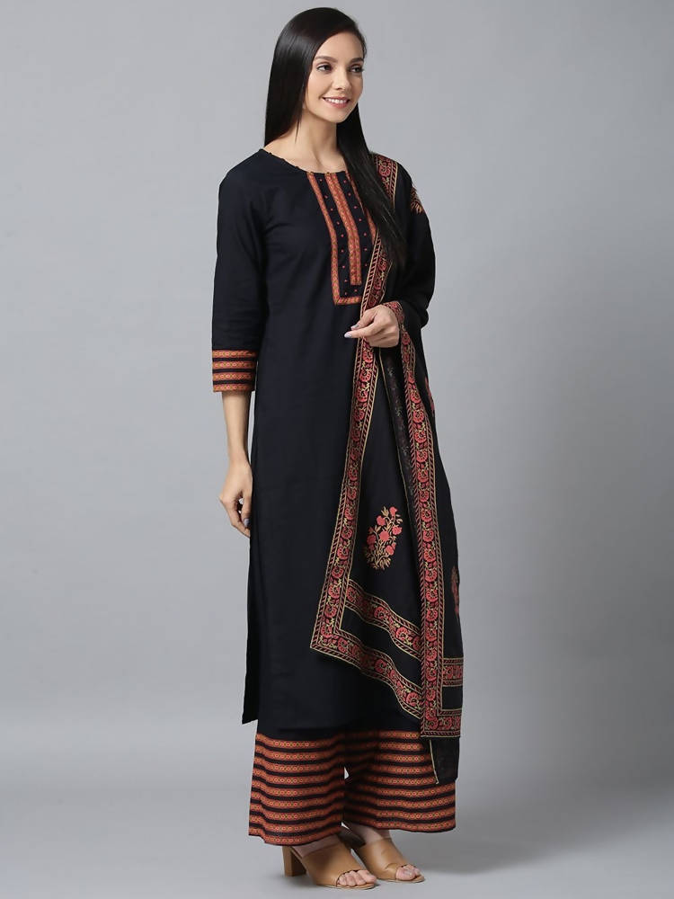 Yufta Women Black & Pink Yoke Design Kurta with Palazzo & Dupatta