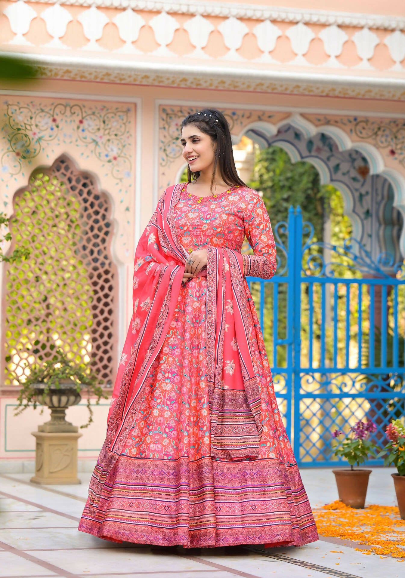 Functional Designer Red-Orange Dola Silk Anarkali suit with Dupatta - Ramya - Distacart