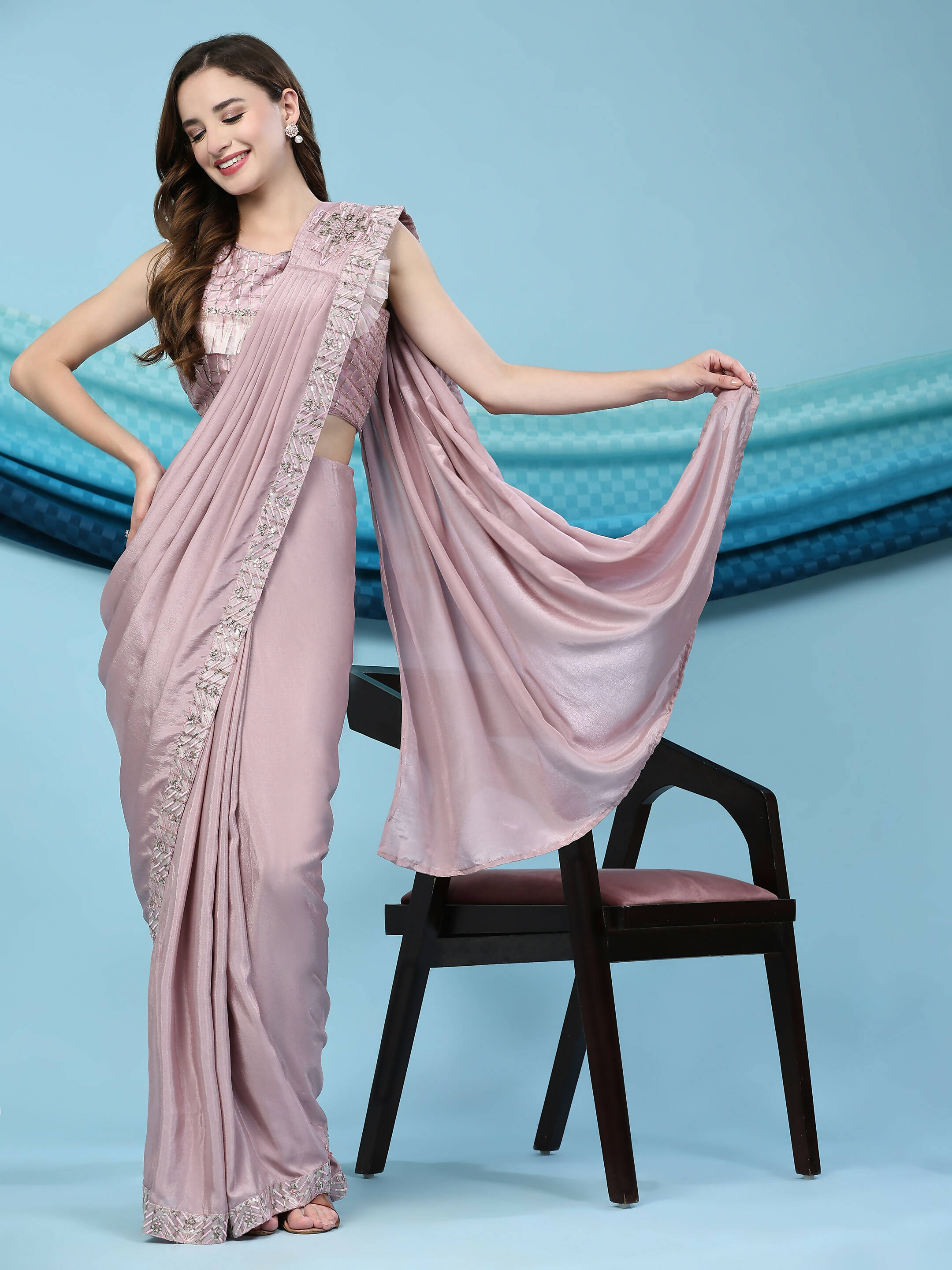 Pink Silk Satin Solid Ready to wear Saree with stitched Blouse - Satiksha - Distacart