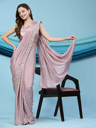 Pink Silk Satin Solid Ready to wear Saree with stitched Blouse - Satiksha - Distacart