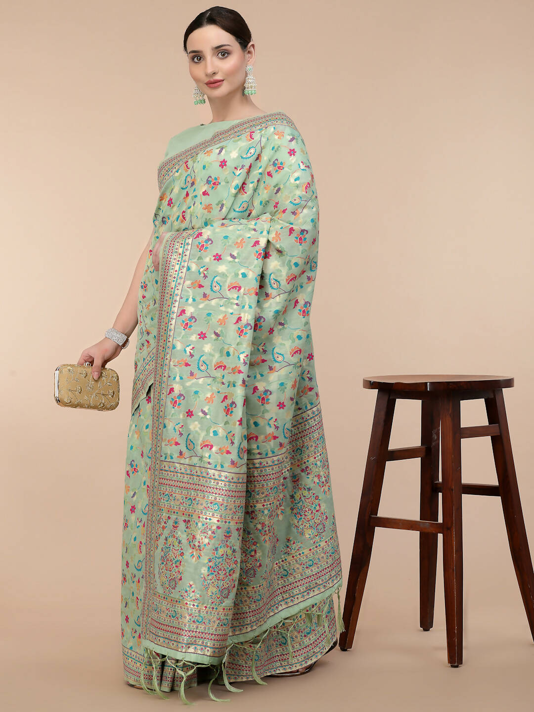 Sea Green Silk Blend Woven Design Saree With Unstitched Blouse Piece - Aloki - Distacart