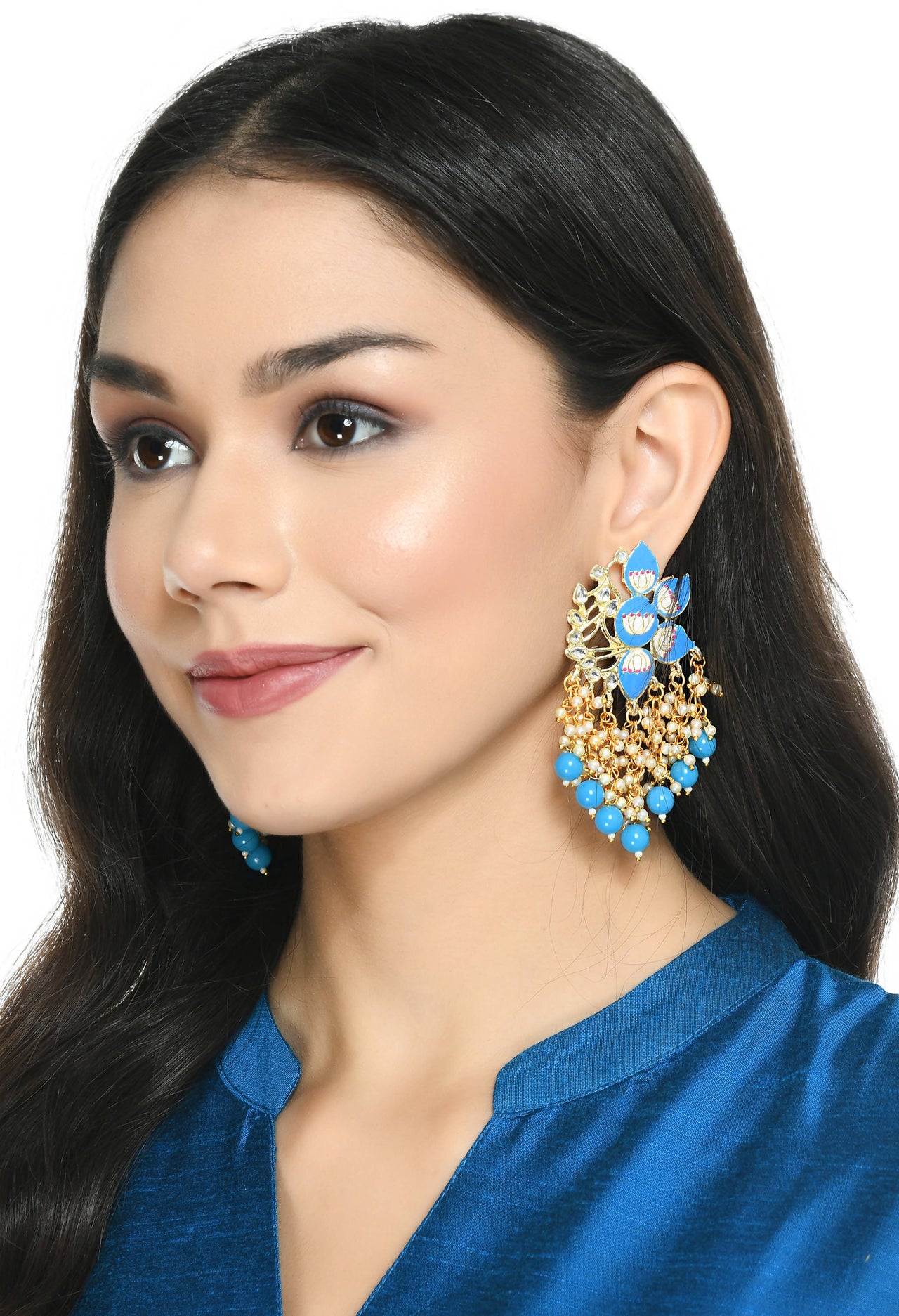 Mominos Fashion Johar Kamal Gold-Plated Kundan Sky Blue Meenakari Earrings - Distacart